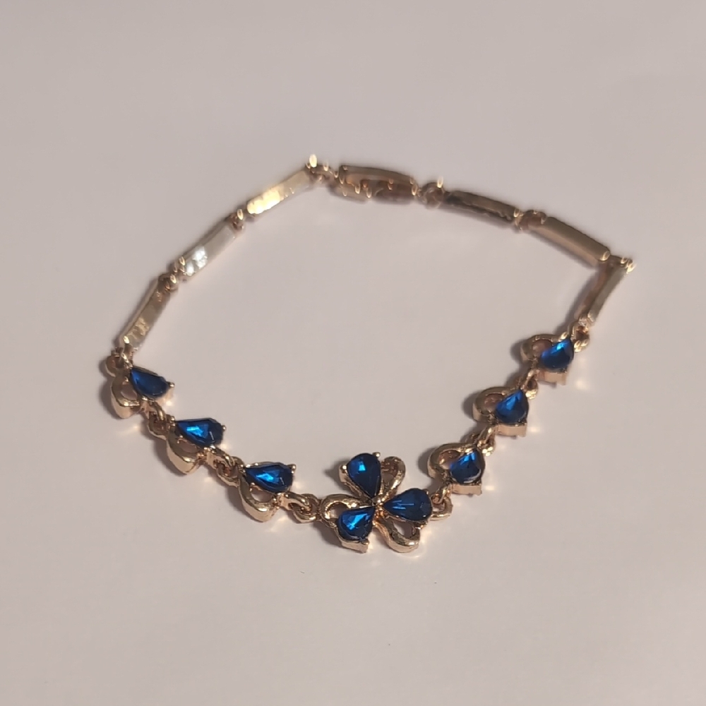 Elegant Blue Gemstones September Birthstone Gold Heart Floral Tennis Bracelet